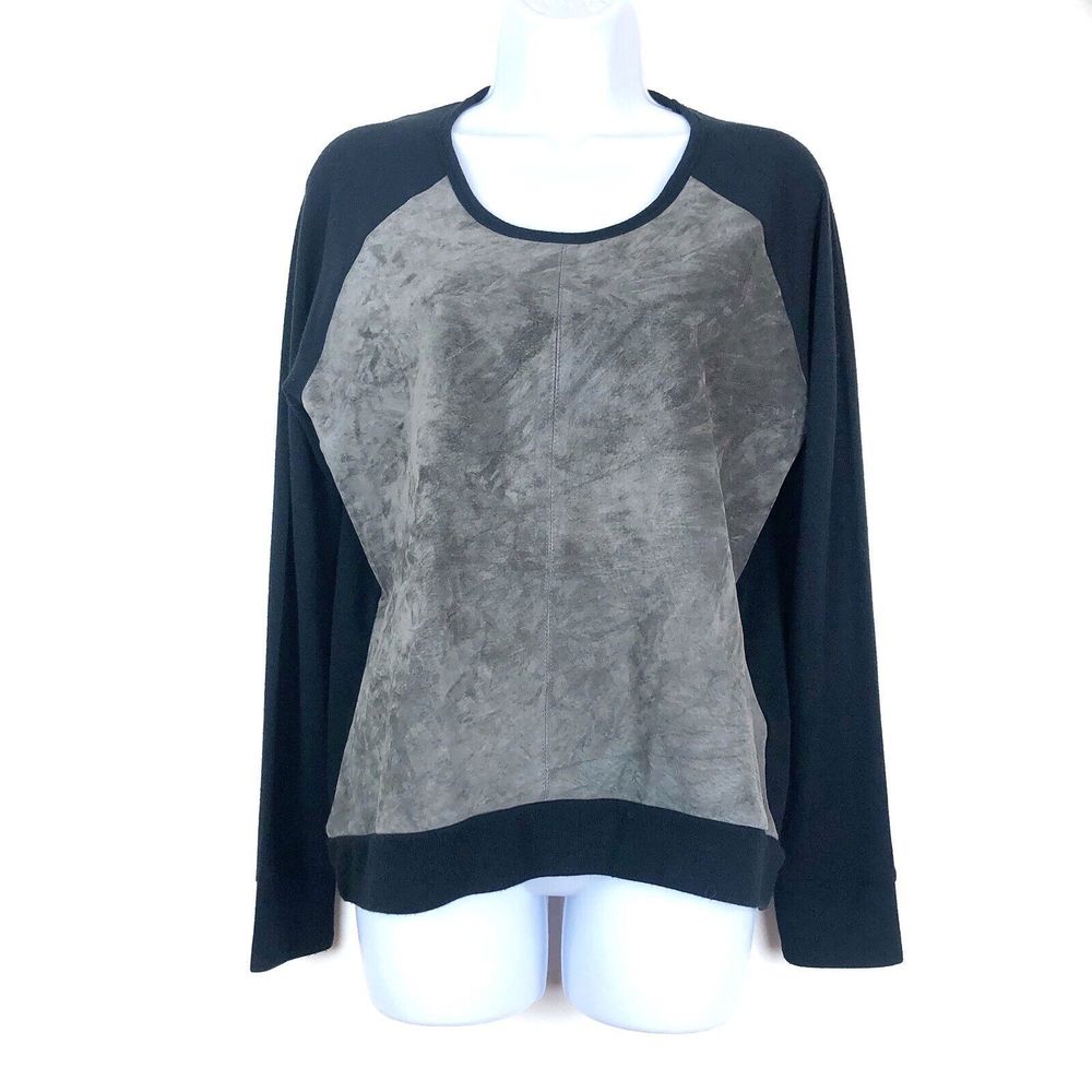 Ecru Womens Size Large Knit Crew Neck Long Sleeve Suede Front Sweater Black/Gray